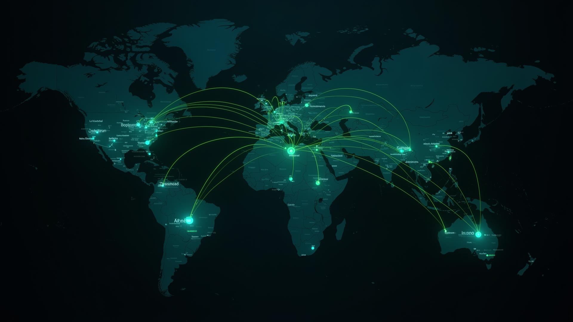 Global sourcing network visualization with supply routes connecting major manufacturing hubs